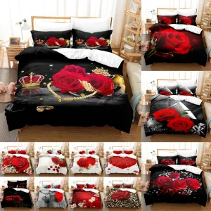 Housse de couette, Parure de lit 3D avec taie d'oreiller Motif roses rouges
