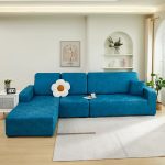 canapé recouvert d'une housse en simili cuir bleu turquoise