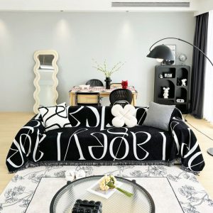 jeté de canapé tissé lettres modernes noir